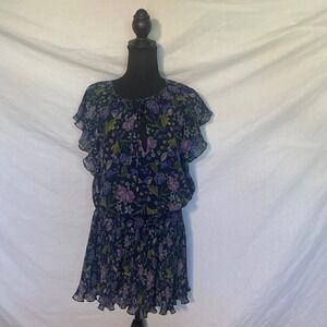 Ramy Brook Navy Floral Smocked Waist Pleated Mini Dress Large MSRP $600+